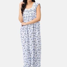 Shararat Women Blue & White Printed Cotton Maxi Nightdress-image-57