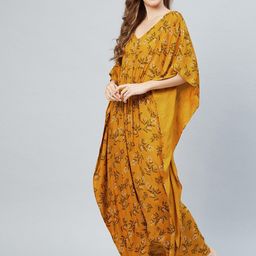 The Snug Studio Mustard Yellow Floral Printed Kaftan Maxi Nightdress-image-46