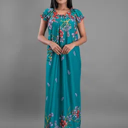 Apratim Sea Green Satin Printed Maxi Nightdress-image-55