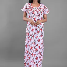 Apratim Women White Printed Pure Cotton Maxi Nightdress-image-45