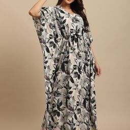 Claura Women Off White & Black Floral Printed Kaftan Maxi Nightdress-image-69