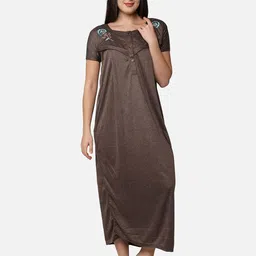 Be You Women Coffee Brown Embroidered Maxi Maternity Nightdress-image-76