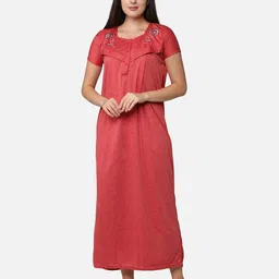 Be You Women Red Embroidered Maxi Maternity Nightdress-image-75