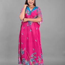 Apratim Women Pink Satin Maxi Floral Print Kaftan Nightdress-image-81