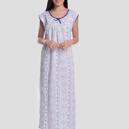 CIERGE Women Blue & White Printed Pure Cotton Maxi Nightdress-image-92