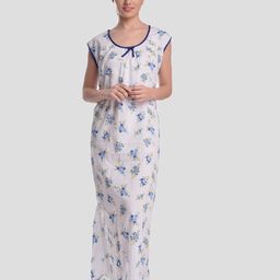 CIERGE Blue & White Floral Printed Pure Cotton Maxi Nightdress-image-24