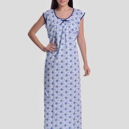 CIERGE Women Blue & White Floral Printed Pure Cotton Maxi Nightdress-image-91