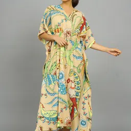 HANDICRAFT PALACE Tropical Printed Pure Cotton Maxi Kaftan Nightdress-image-75