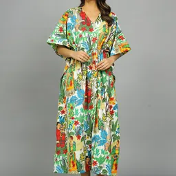 HANDICRAFT PALACE Tropical Printed Pure Cotton Maxi Kaftan Nightdress-image-83
