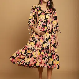 Secret Wish Floral Printed V-Neck Gathered Maternity Fit & Flare Midi Dress-picture-20