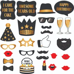 Set of 27 Black and Golden Birthday Party Props Photo Booth Board-image-43