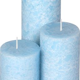 Set of 3 Fragrance Pillar Candles Light Blue Marble Finish (Maldives Fragrance) Candle-image-71