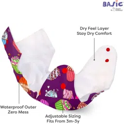 superbottoms basic BASIC Pack of 3 Certified Soft Fleece Lined Pocket Diaper with 3 Wet-Free Insert with Snaps (One Size Adjustable Diapers, 5-17 kg) (Option1) image 4