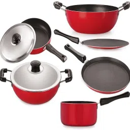 Aluminium Cookware Set, 6-Pieces Cookware Set, Red & Black Fry Pan 27 cm diameter with Lid 1 L capacity-image-53