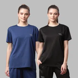 mack jonney Pack of 2 Women Solid Round Neck Polyester Blue, Black T-Shirt-picture-46