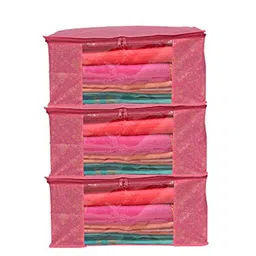 Perpetual Pink 3 Pieces Saree Organisers with Transparent Window & Zip-4