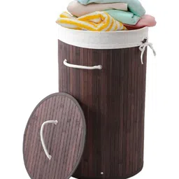USHA SHRIRAM Brown Bamboo Foldable Laundry Baskets With Lid-75-L-51