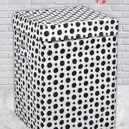 Kuber Industries White & Black Polka Dots Printed Foldable Laundry Bag With Handles & Lid-16