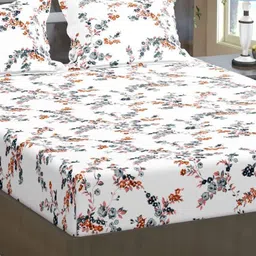 Trance Home Linen Peach & Grey Floral Cotton 180 TC King Bedsheet with 2 Pillow Covers-image-98
