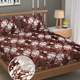 YaAkholic Brown & White Floral 210 TC King Velvet Fitted Bedsheet Set- 1.9 M x 1.8 M-picture-10
