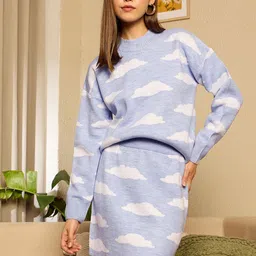 Berrylush Purple Printed Round Neck Sweater With Skirt-image-48