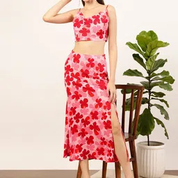 STREET 9 Pink & Red Floral Printed Crop Top With Skirt Co-Ords-picture-15