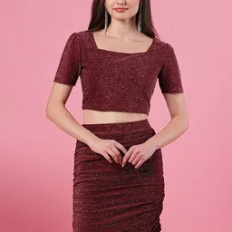 Globus Women Maroon Party Co-Ord Set With Square Neck Top & Skirt-image-99