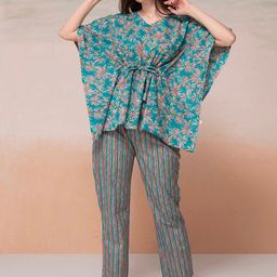 Bannos Swagger Blue Floral Printed V-Neck Pure Cotton Kaftan Top With Pyjamas-picture-2