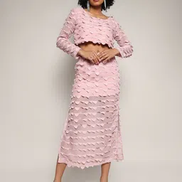Campus Sutra Pink Self Design Long Sleeves Top With Skirt-picture-45