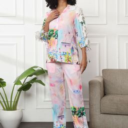 Bannos Swagger Pink Graphic Printed Shirt Collar Top With Pyjamas-picture-25