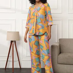 Bannos Swagger Yellow Geometric Printed Top & Pyjama-image-77