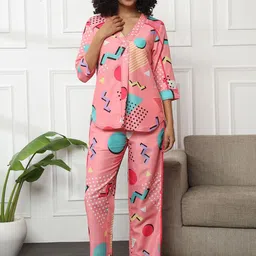 Bannos Swagger Peach-Coloured Geometric Printed Night Suit-11