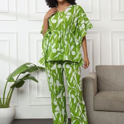 Bannos Swagger Green Abstract Printed Pure Cotton Night Suit-image-4