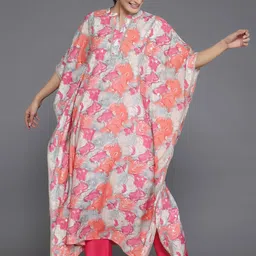 Libas Floral Printed Mandarin Collar Kaftan Tunic & Flared Palazzos-image-5