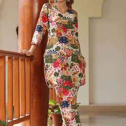 Rain & Rainbow Printed Pure Cotton Round Neck Tunic With Trousers-image-96