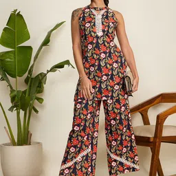 WineRed Floral Printed Halter Neck Pure Cotton Tunic With Trousers-image-29