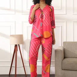 Bannos Swagger Pink Geometric Printed V-Neck Top & Pyjama-image-87