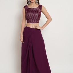 Purple State Embellished Mirror Work Top With Skirt-47