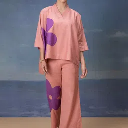 Bannos Swagger Pink & Blue Printed Pure Cotton Top & Trousers-image-94