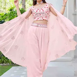 Mitera Pink Embroidered Top With Palazzo & With Shrug-picture-48