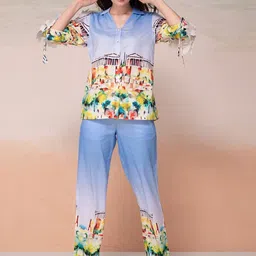 Bannos Swagger Blue Printed Tie-Ups Sleeves Shirt With Trousers-image-67