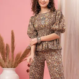 Globus Maroon Ethnic Motif Printed Puff Sleeve Pure Cotton Top & Trouser-image-31