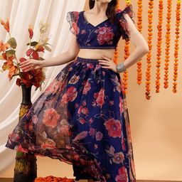 indo street Floral Printed Ruffle Sleeve Top & Skirt-31