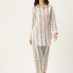 Sleek Italia Striped Shirt Collar Linen Tunic With Trousers-picture-13