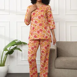Bannos Swagger Beige Floral Printed Pure Cotton Night Suit-image-98
