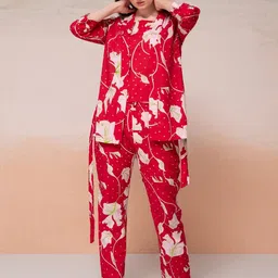 Bannos Swagger Red Floral Printed Pure Cotton Night Suit-image-3
