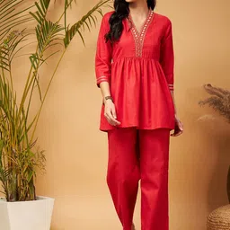 Shae by SASSAFRAS Red Embellished Gathered Tunic With Palazzos-picture-33