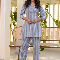 Yufta Striped Pure Cotton Tunic & Trouser Ethnic Co-Ord Set-image-64