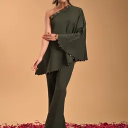 RIRASA Embroidered Comfortable Fit One Shoulder Top With Trousers-picture-1