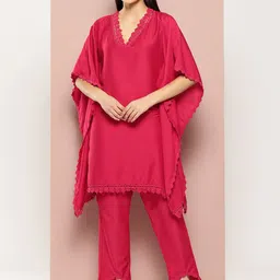 HERE&NOW Pink V-Neck Kaftan Pure Silk Top With Trousers-image-82